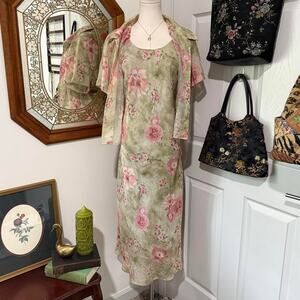 VTG 90s K & Company Green & Pink Floral Crinkle Tea Rose Maxi Dress & Top Set 14